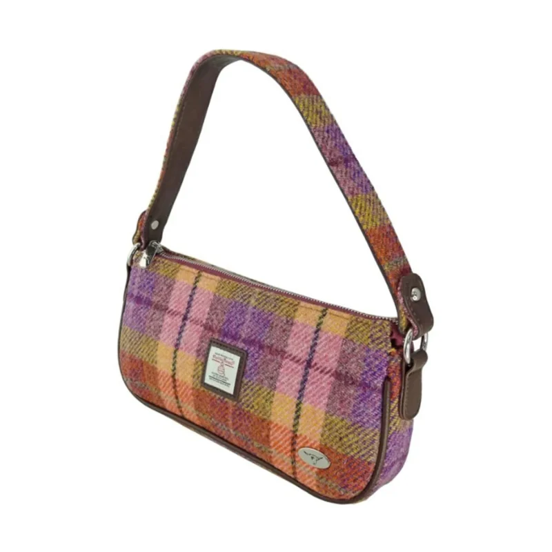 harris tweed baguette bag in peach purple tartan