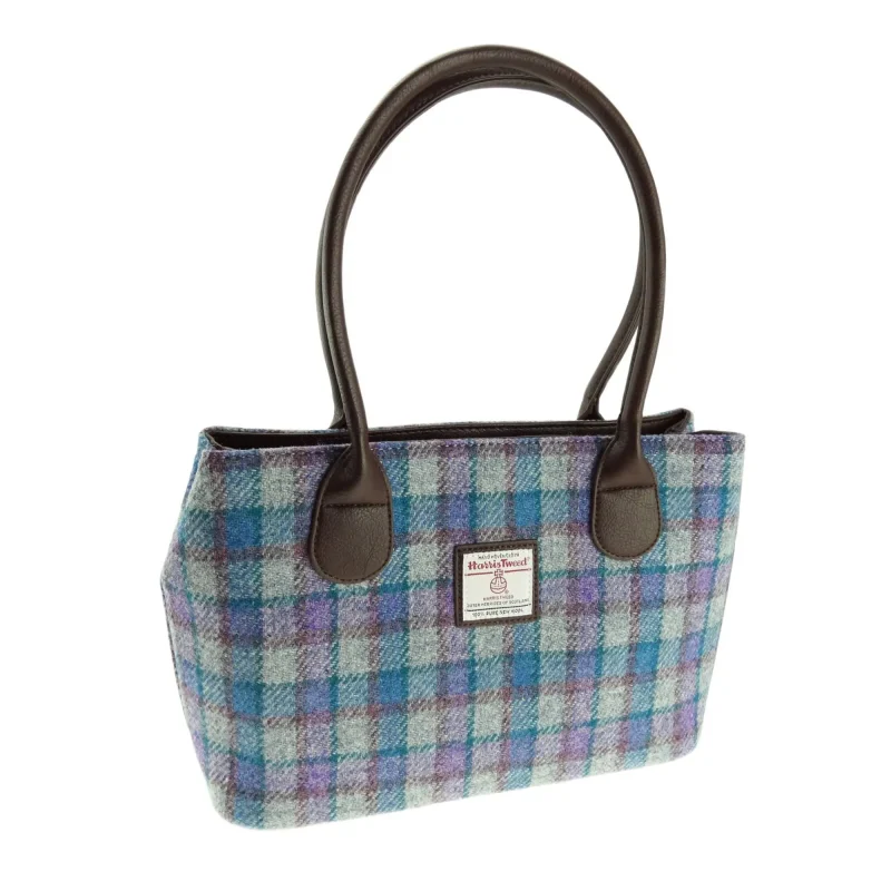 harris tweed blue purple check handbag on grey