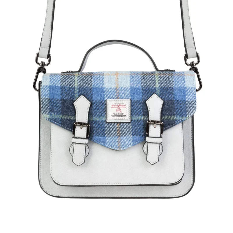 harris tweed blue tartan calton satchel