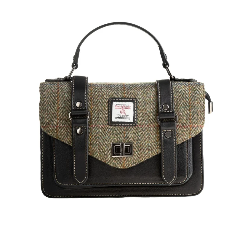 harris tweed brown black leather satchel bag