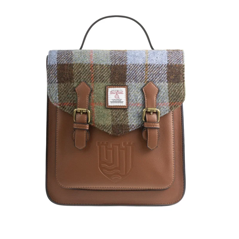 harris tweed calton backpack in chestnut blue tartan