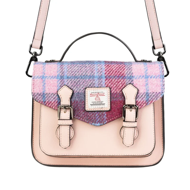 harris tweed calton satchel in pink blue tartan