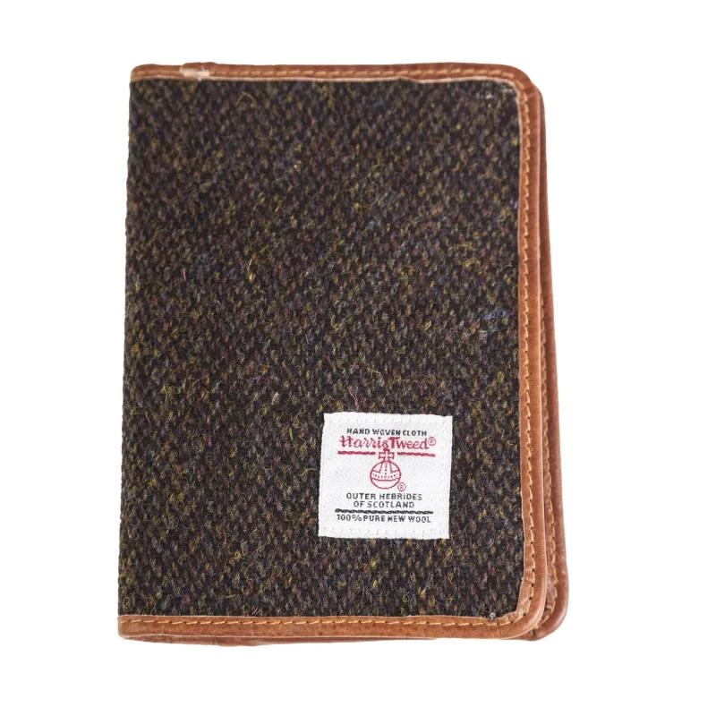 harris tweed dark brown passport cover with tan leather barleycorn