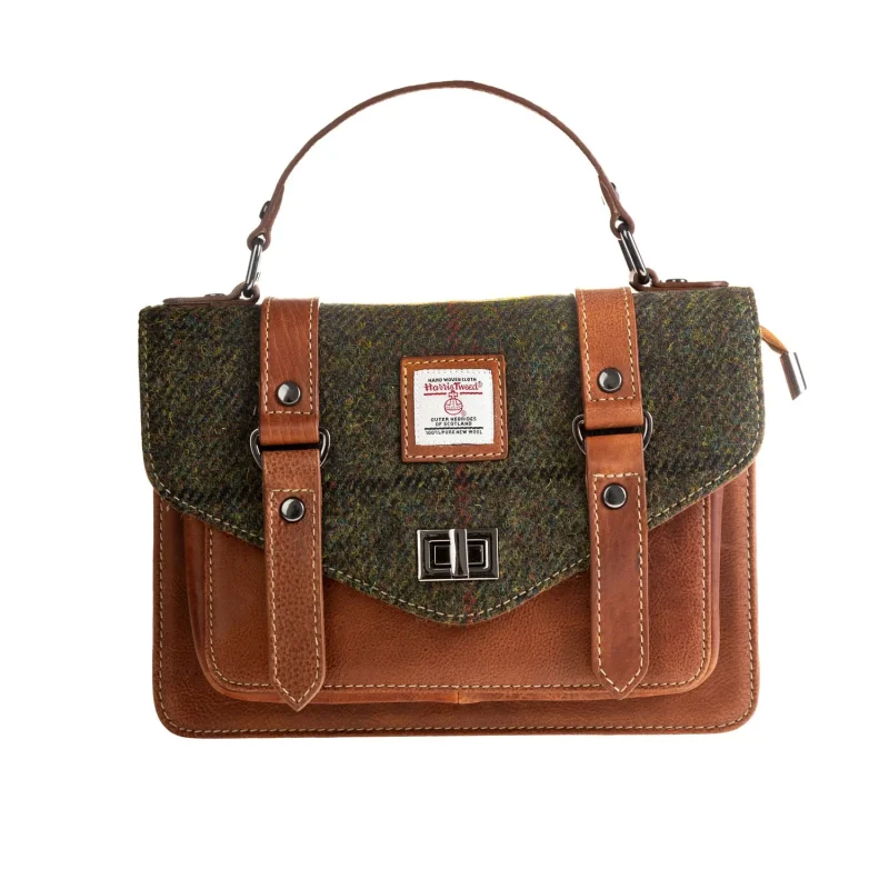 harris tweed dark green leather satchel bag