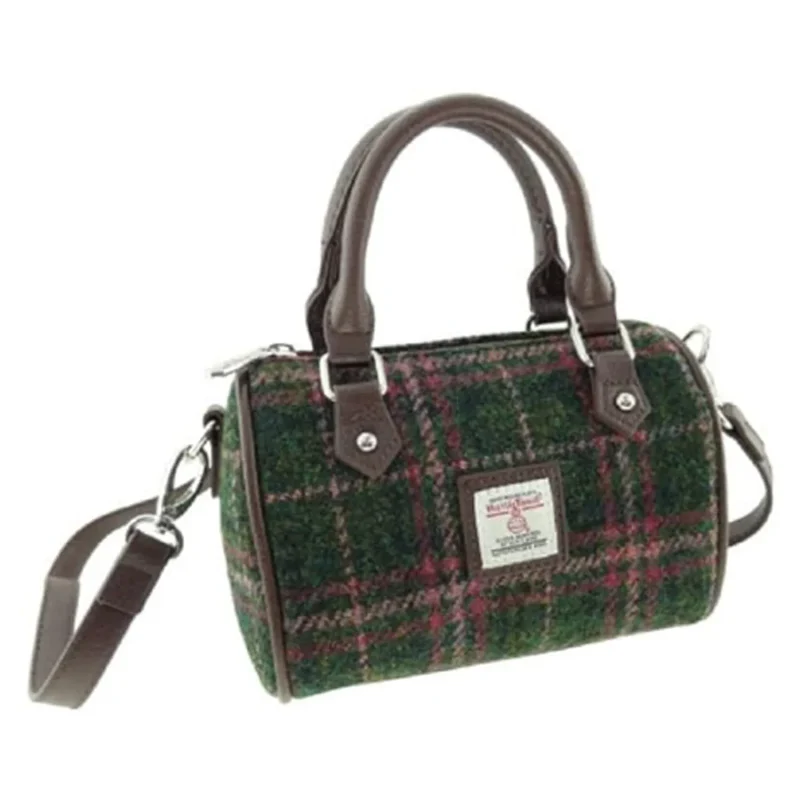 harris tweed dark green plum check mini bowling bag