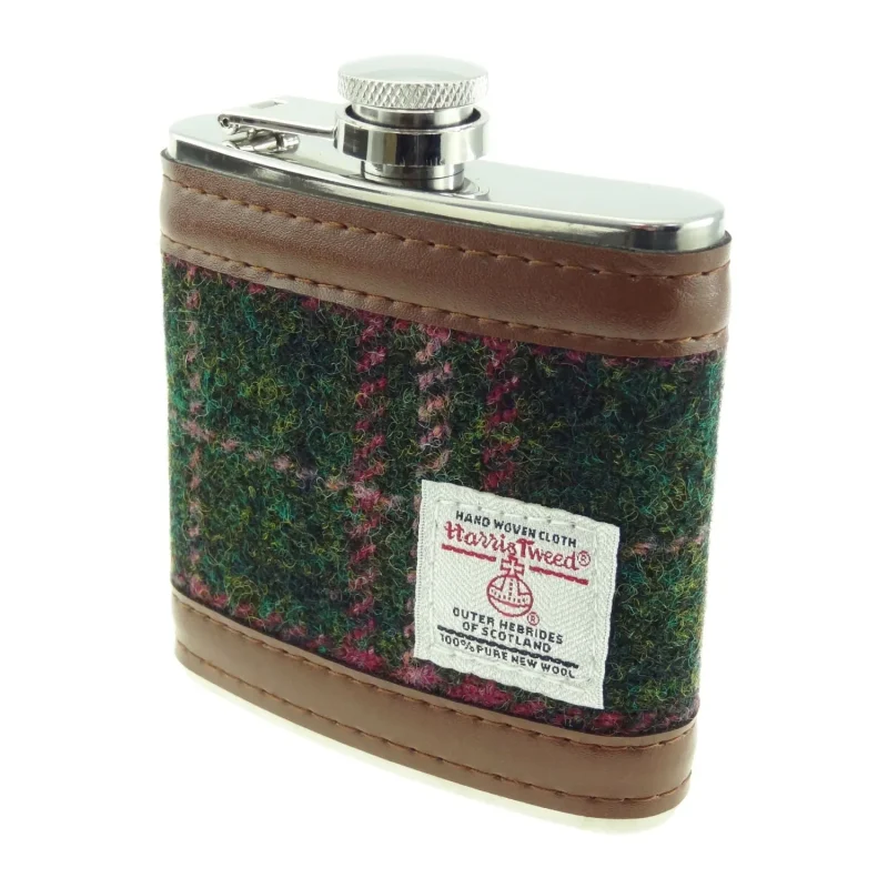 harris tweed dark green plum hip flask