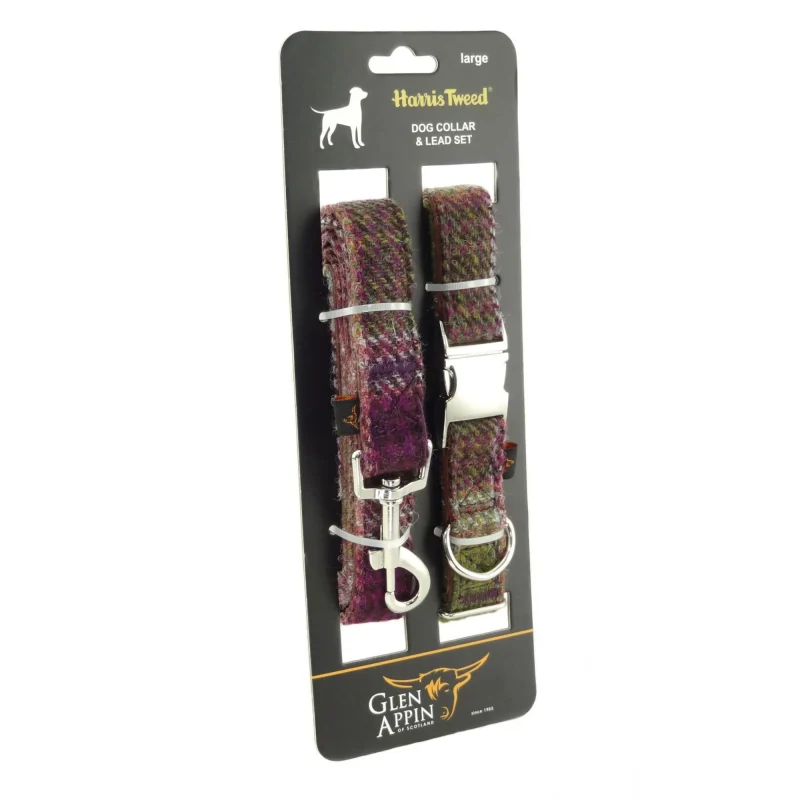 harris tweed dog collar lead set heather check