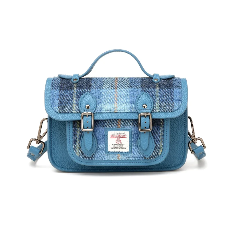 harris tweed edinburgh satchel in blue check tartan