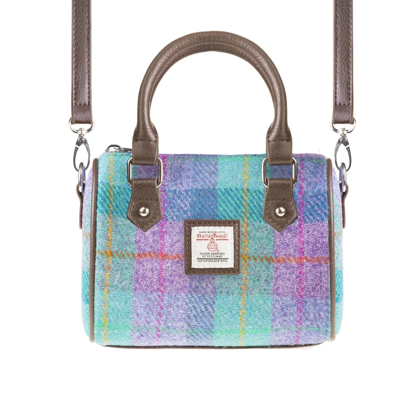 harris tweed green purple check mini bowling bag