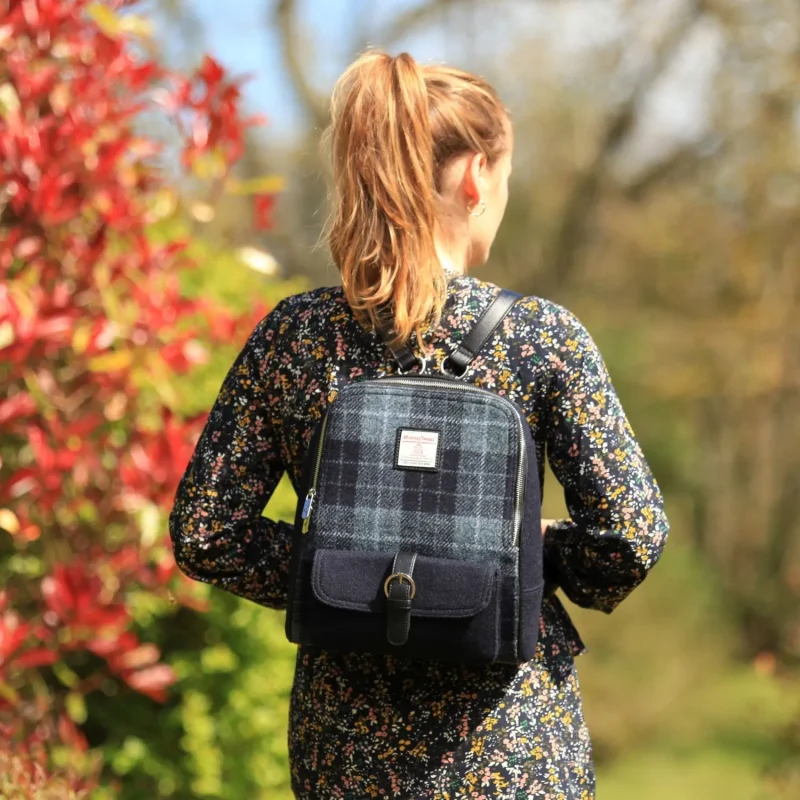 harris tweed grey black tartan backpack