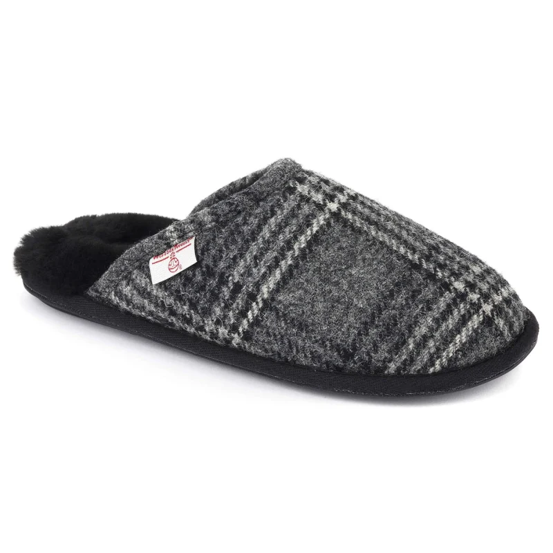 harris tweed grey black tartan slippers