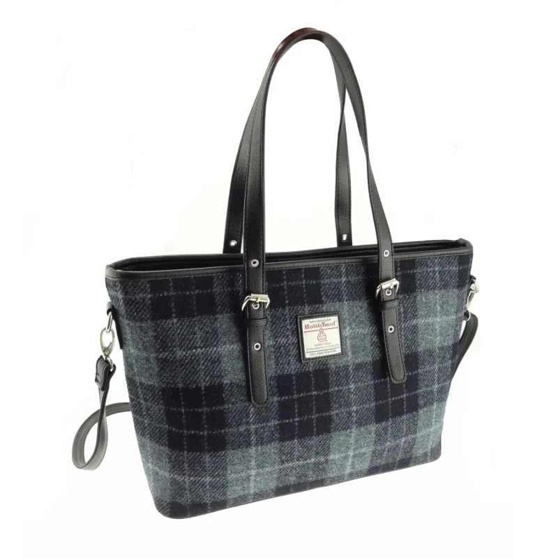 harris tweed grey black tartan tote bag