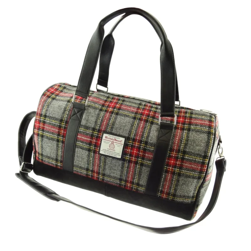 harris tweed grey red tartan weekend bag