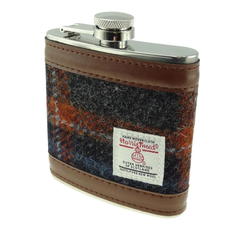 harris tweed grey rust overcheck hip flask