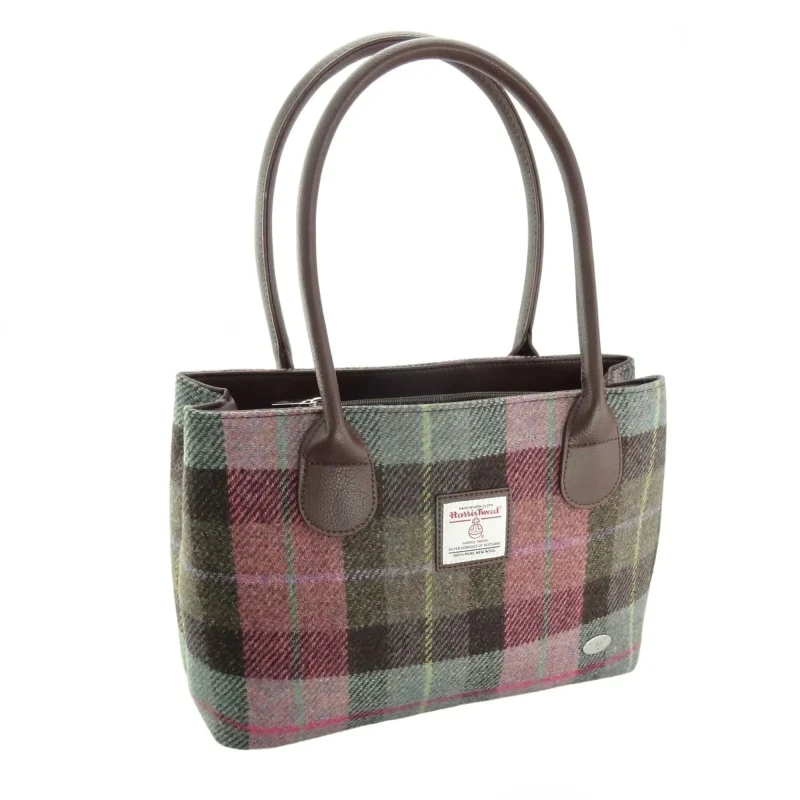 harris tweed handbag muted green pink tartan