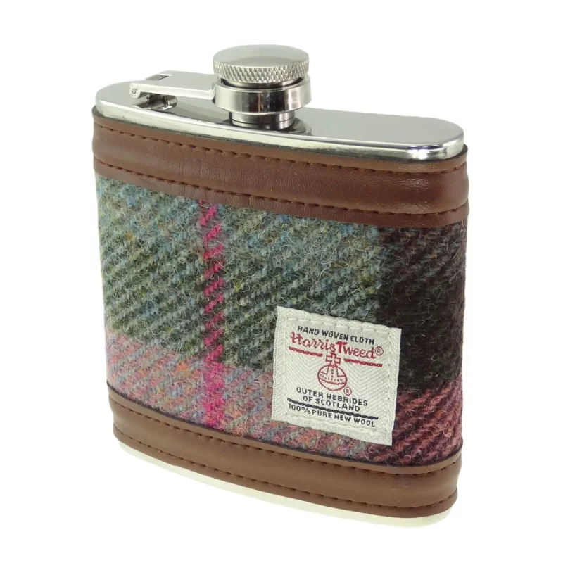 harris tweed hip flask green pink tartan