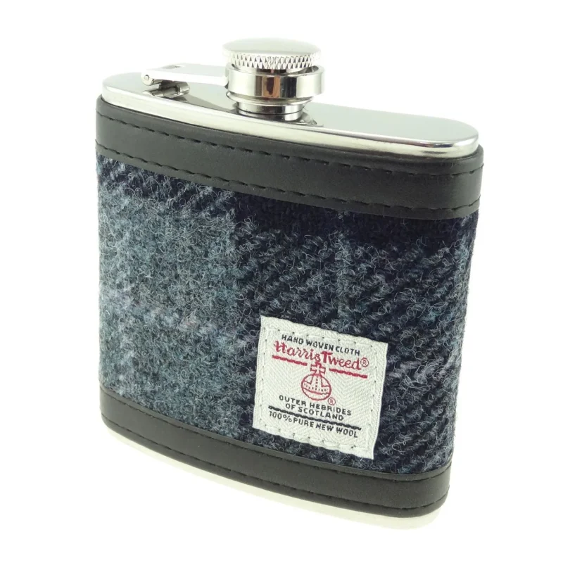 harris tweed hip flask grey black tartan