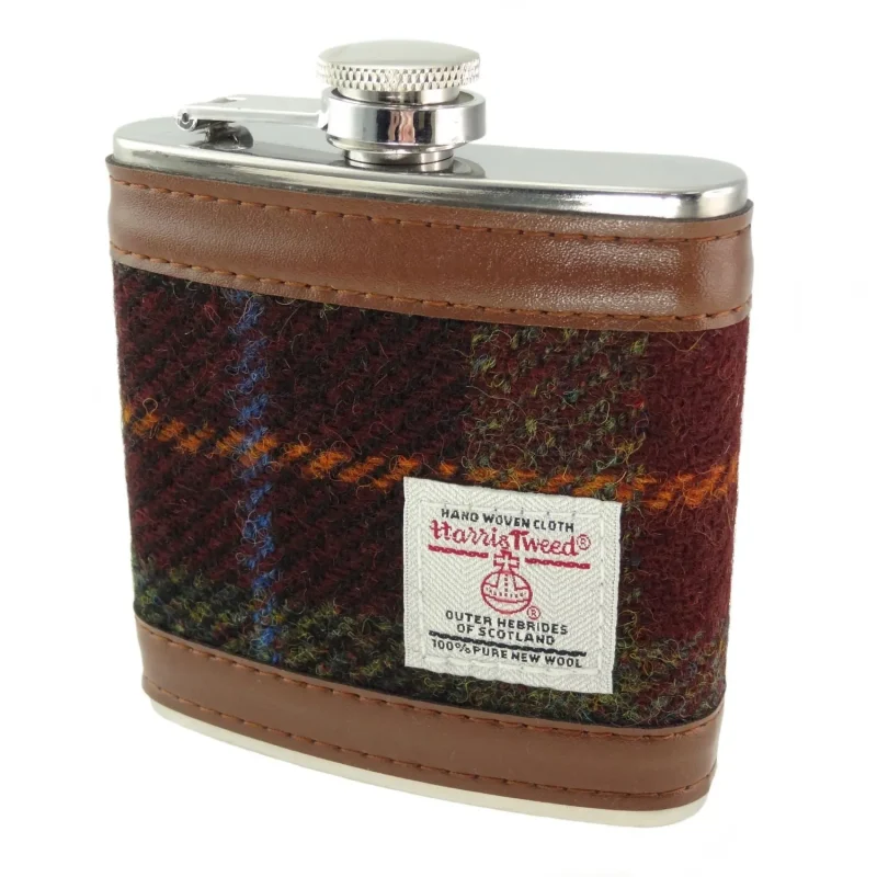 harris tweed hip flask orange green check