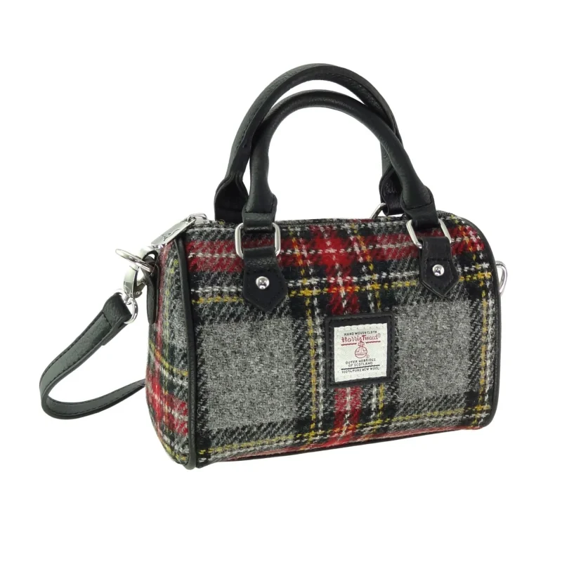 harris tweed kilbride mini bag grey red tartan