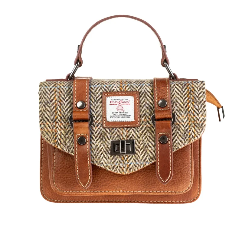 harris tweed leather mini satchel in tan brown herringbone