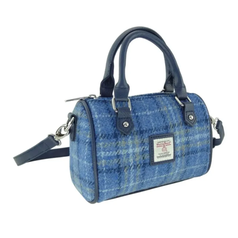 harris tweed light blue check mini bowling bag