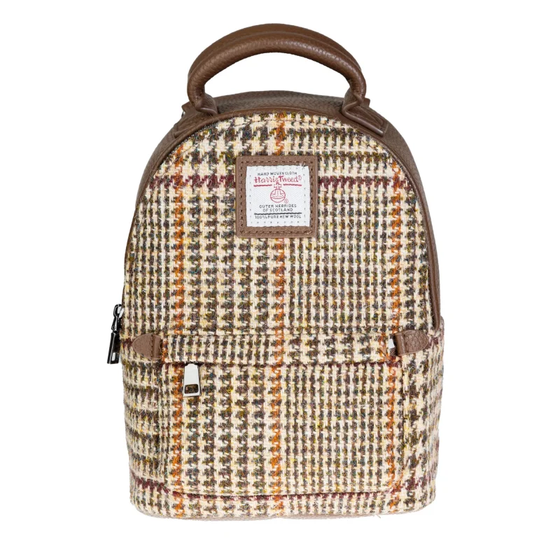 harris tweed mini backpack in brown beige glen check