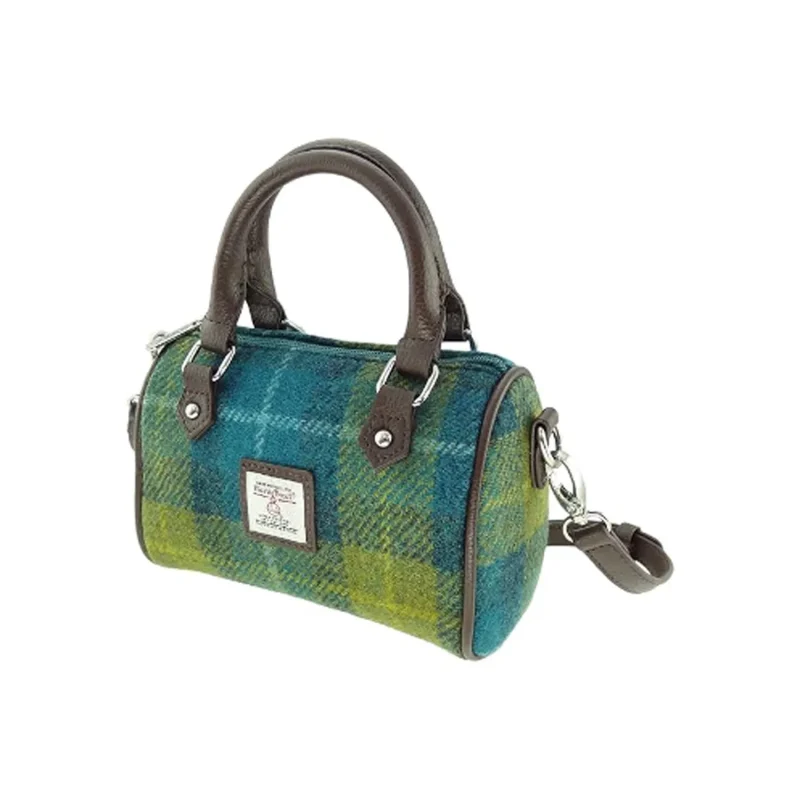 harris tweed mini bowling bag in sea blue green tartan