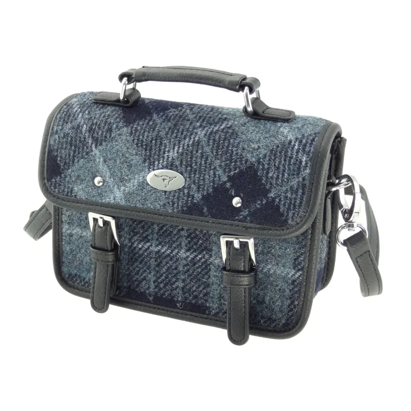 harris tweed mini satchel grey black tartan