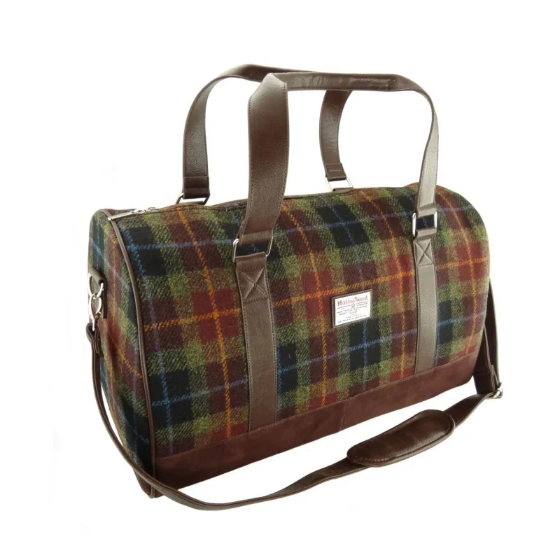 harris tweed orange green check weekend bag