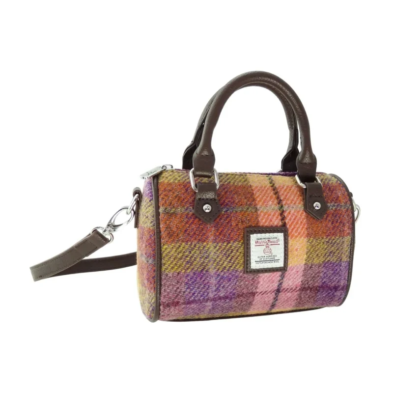 harris tweed peach purple tartan mini bowling bag