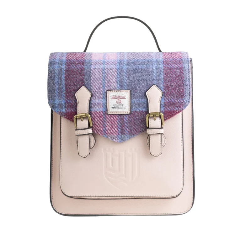 harris tweed pink blue tartan backpack