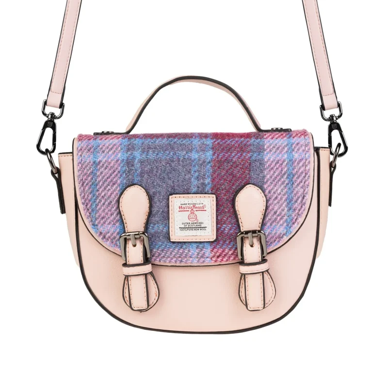 harris tweed pink blue tartan cobble satchel