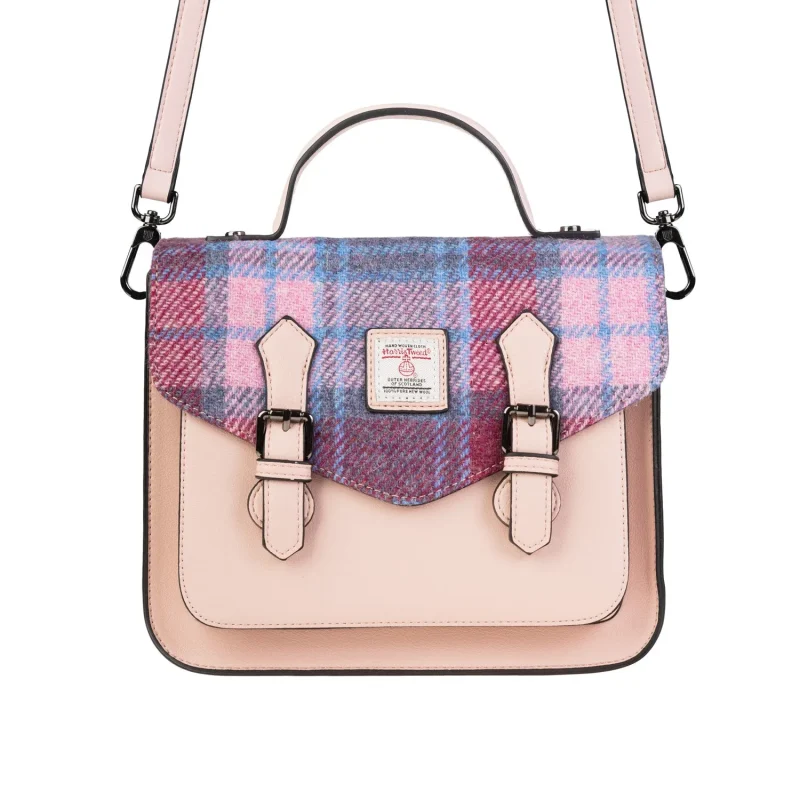 harris tweed pink blue tartan satchel