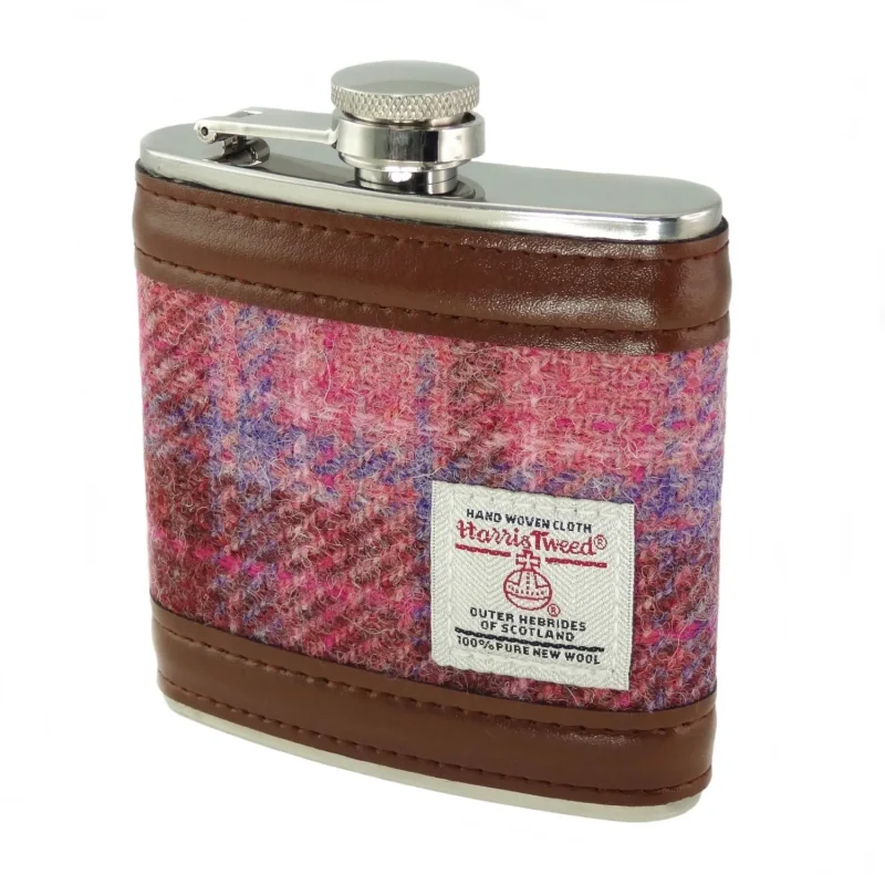 harris tweed pink check hip flask