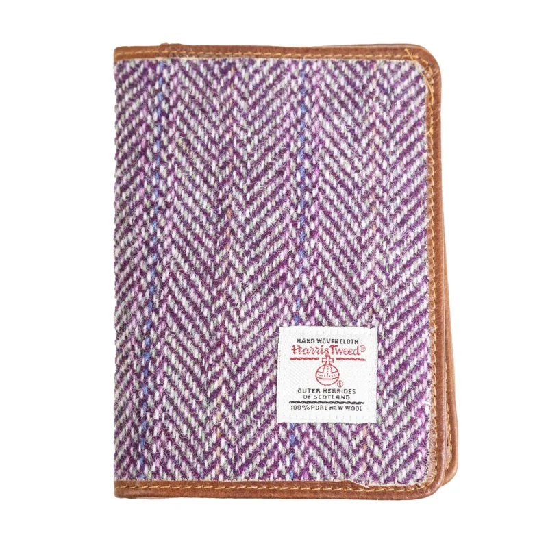 harris tweed plum passport cover with tan leather