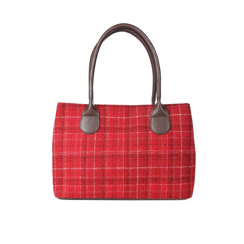 harris tweed red check handbag classic style