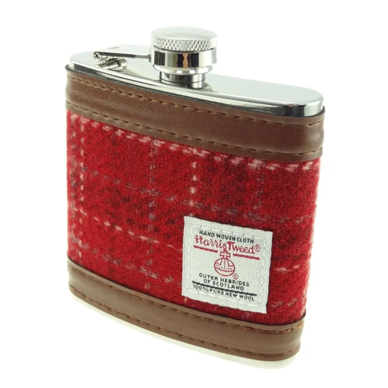 harris tweed red check hip flask