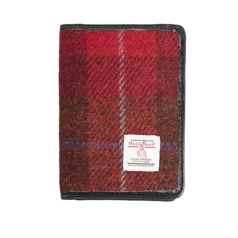 harris tweed red check leather passport holder