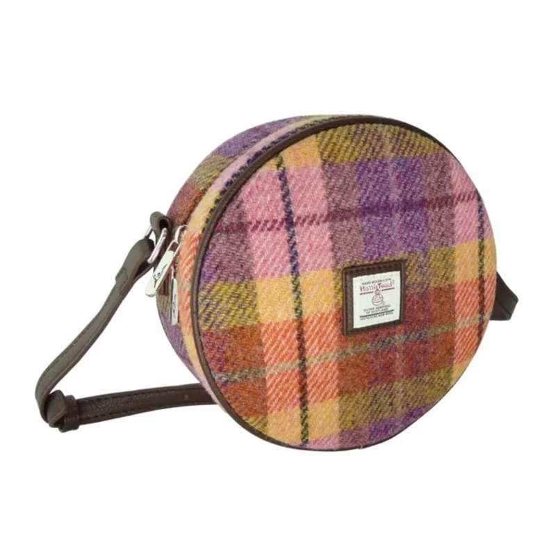 harris tweed round bag peach purple tartan