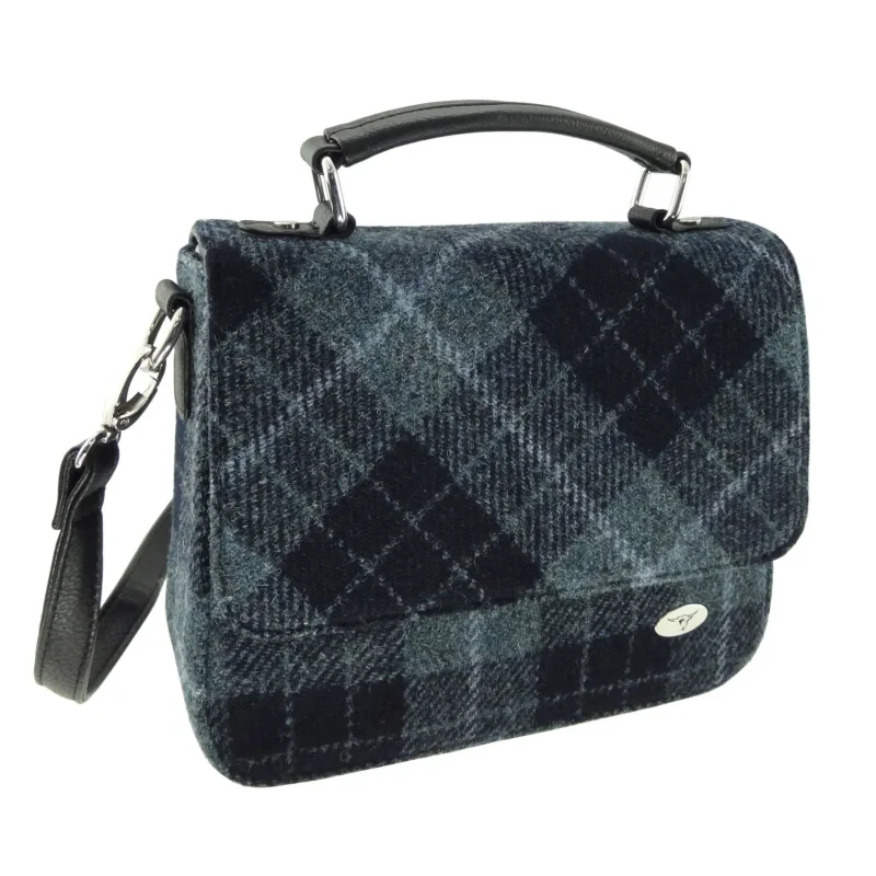 harris tweed thurso grey black tartan square bag