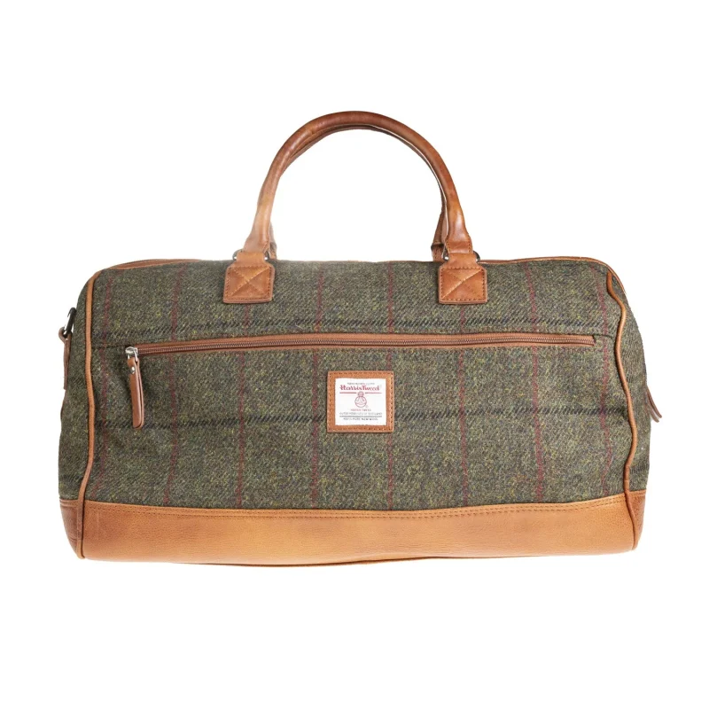 harris tweed weekender bag dark green tan