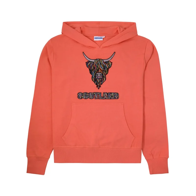 highland cow embroidered hoodie pastel red