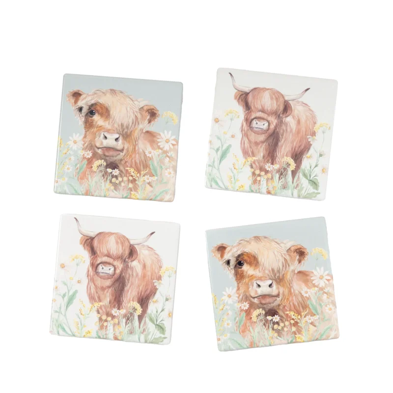 highland cow floral coaster set 4 pack