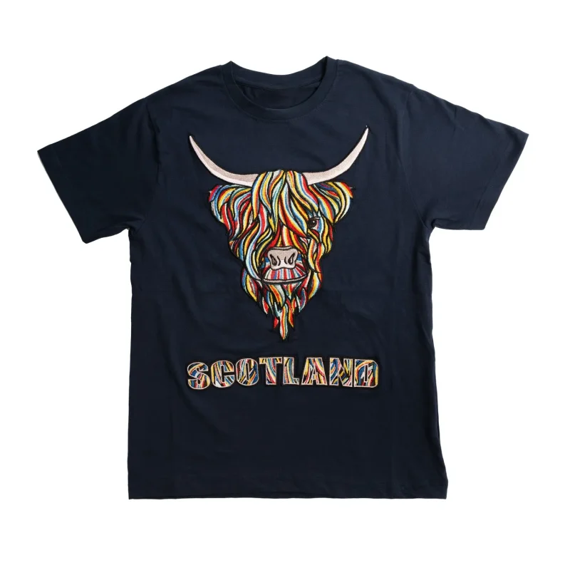 highland cow scotland embroidery t shirt colorful design