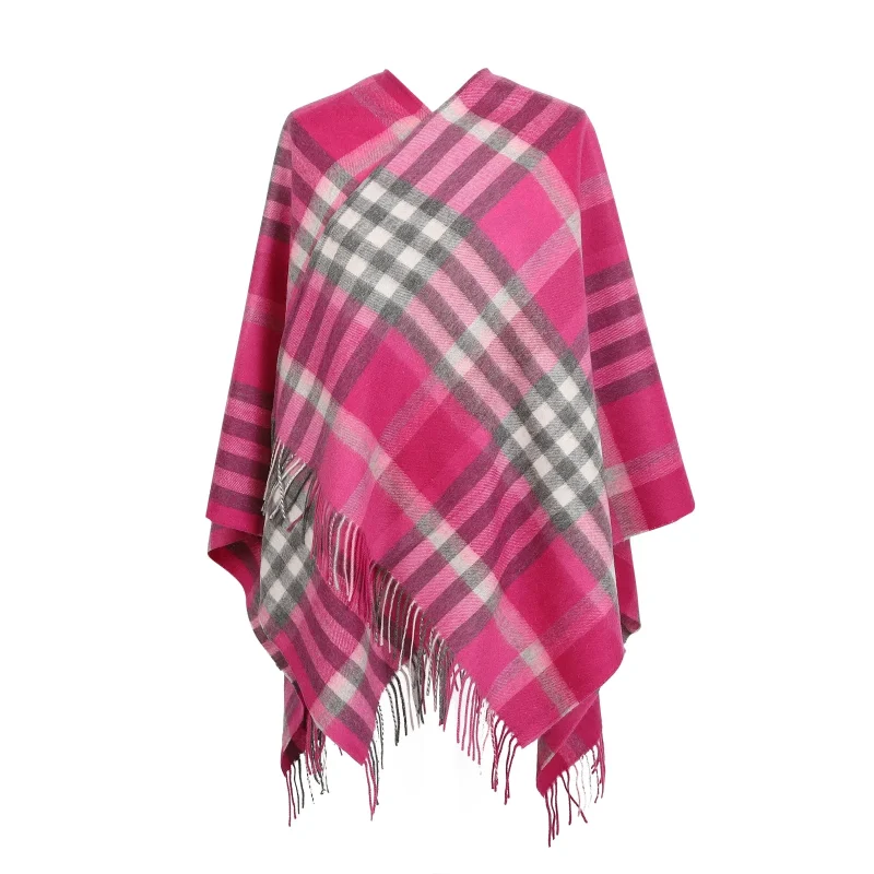 kids checkered cashmere cape fuchsia tartan