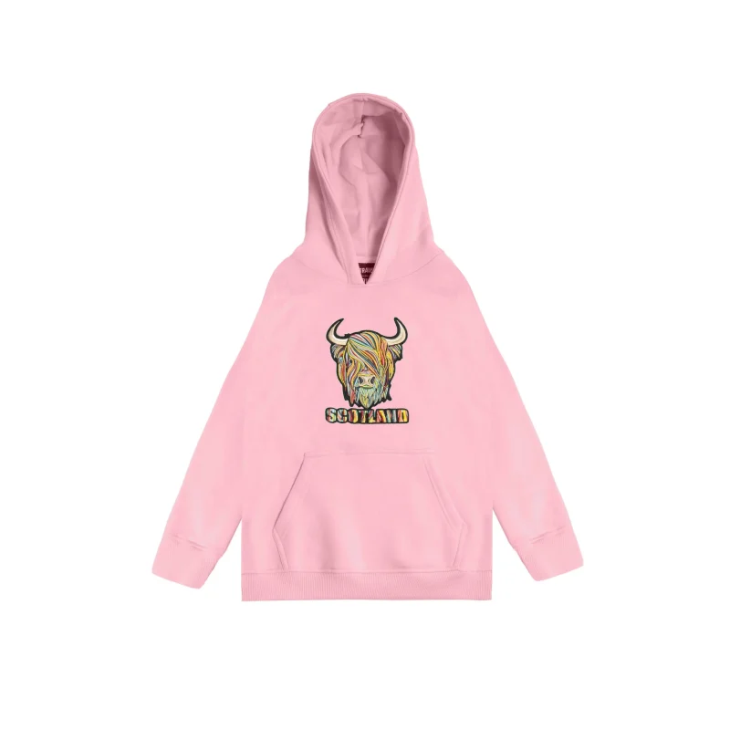 kids pastel highland cow cherry blossom hoodie