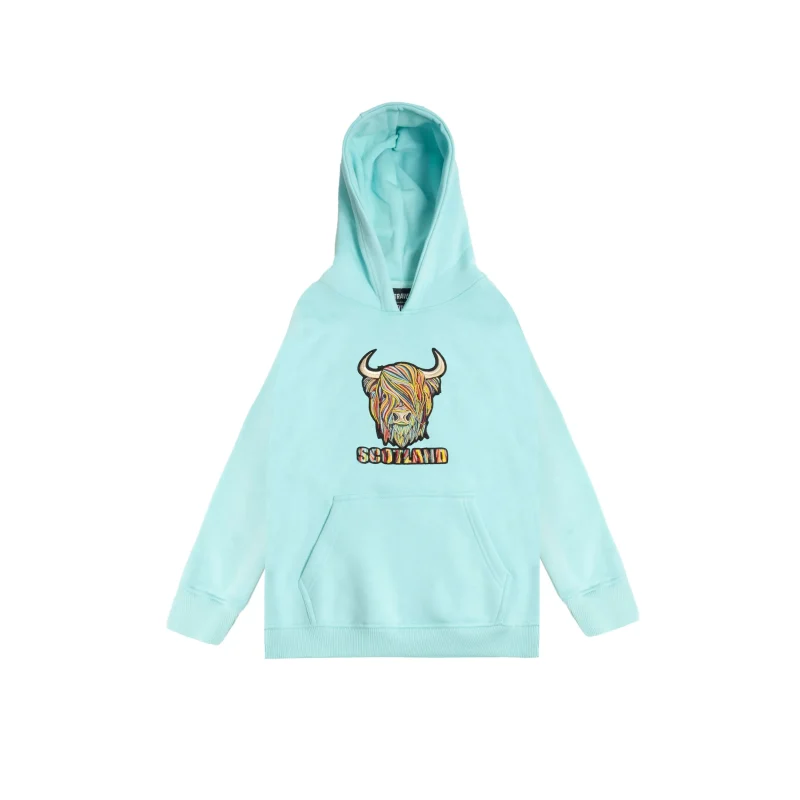 kids pastel highland cow hoodie aqua