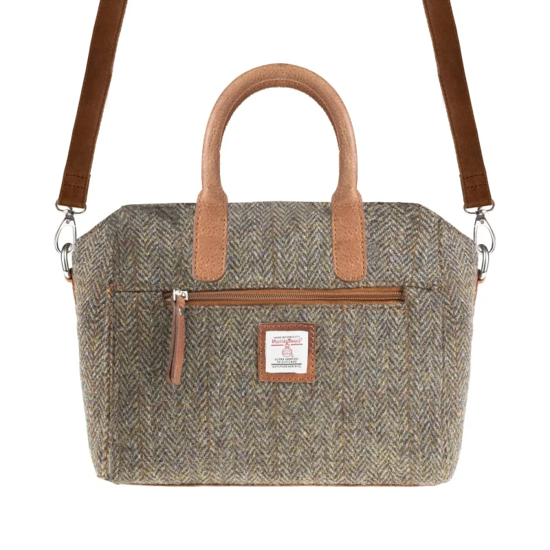 ladies brown herringbone leather tweed handbag with tan accents