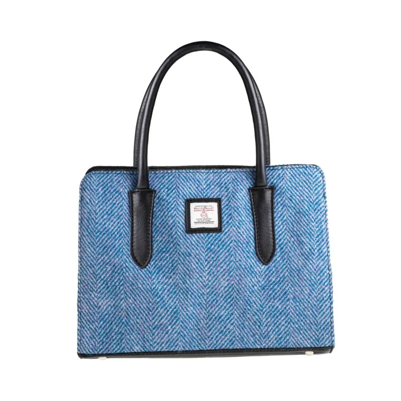 ladies leather handbag blue pink herringbone black