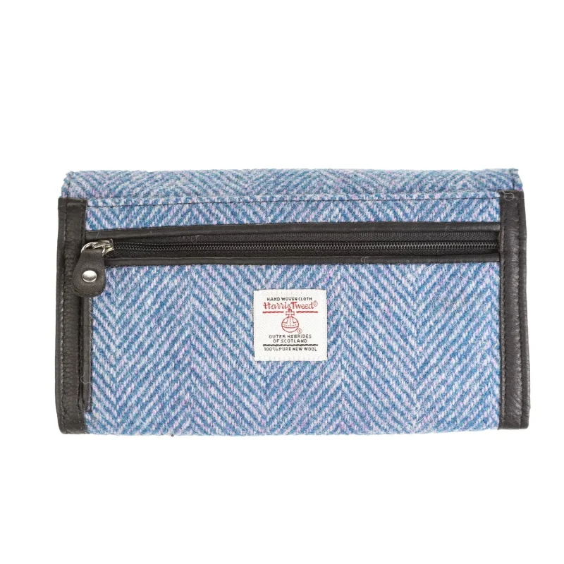 ladies leather long purse blue pink herringbone black